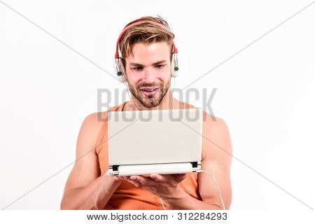 Mp3 Player. Sexy Muscular Man Listen Music On Phone Mp3 Player. Man With Mp3 Player On Phone Isolate
