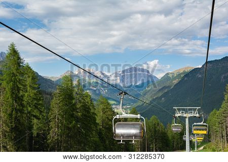 View On The Dolomites From The Cable Car Vajolet 1. Sella Towers On The Background, Italy