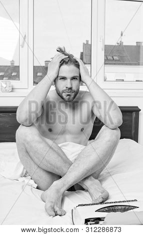 Man Writer Sit Bedclothes Work Book. Need Some Fresh Creative Idea. Author Looking For Inspiration. 