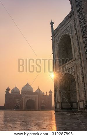 View Of Jawab From Taj Mahal Base At Sunrise, Agra, Uttar Pradesh, India. Taj Mahal Was Designated A