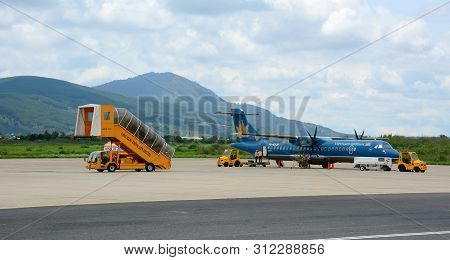 Dalat, Vietnam - May 20, 2016. A Vna Airplane Docking At The Lien Khuong Airport In Dalat, Vietnam. 