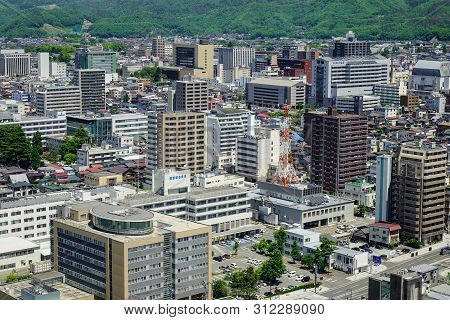 Yamagata, Japan - May 19, 2017. Many Tall Buildings Located At Downtown In Yamagata, Japan. Yamagata