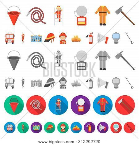 Fire Department Cartoon Icons In Set Collection For Design. Firefighters And Equipment Bitmap Symbol