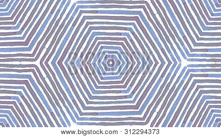 Blue Geometric Watercolor. Cute Seamless Pattern. Hand Drawn Stripes. Brush Texture. Likable Chevron