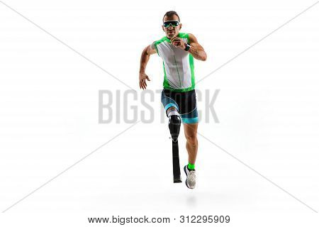 Athlete With Disabilities Or Amputee Isolated On White Studio Background. Professional Male Runner W
