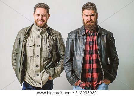 Brutal Men Wear Leather Jackets. Men Brutal Bearded Hipster. Handsome Stylish And Cool. Masculine An