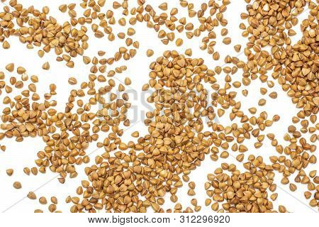 Lot Of Whole Common Raw Brown Buckwheat Grain Flatlay Isolated On White Background