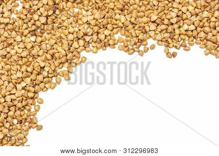 Lot Of Whole Raw Brown Buckwheat Grain Copyspace Flatlay Isolated On White Background