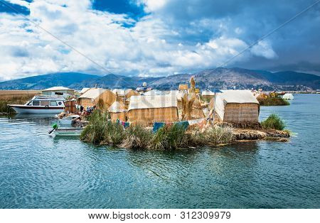 Uros, Peru - Jan 5, 2019. Uros floating islands on Titicaca lake in Puno, Peru, South America.