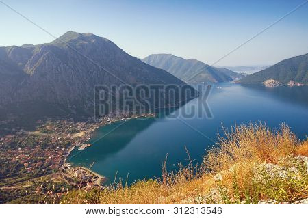 Beautiful Summer Mediterranean Landscape.  Montenegro, View Of Kotor Bay And Risan Town From A Mount