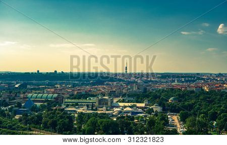Aerial View Of Vystaviste From Vltava River With The Tv Tower In The Back In Prague