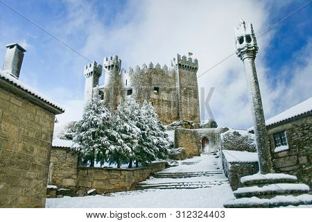 Castle of Penedono with snow, Guarda. Portugal.