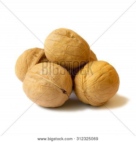 Isolated Whole Walnuts In Shell On A White Background, Close Up. Seeds Of The Common Walnut Tree Jug