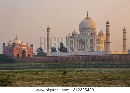 View Of Taj Mahal From Mehtab Bagh Garden In The Evening, Agra, Uttar Pradesh, India. Taj Mahal Was 