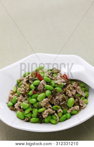 xue cai mao dou, stir fried edamame and snow vegetables, chinese cuisine
