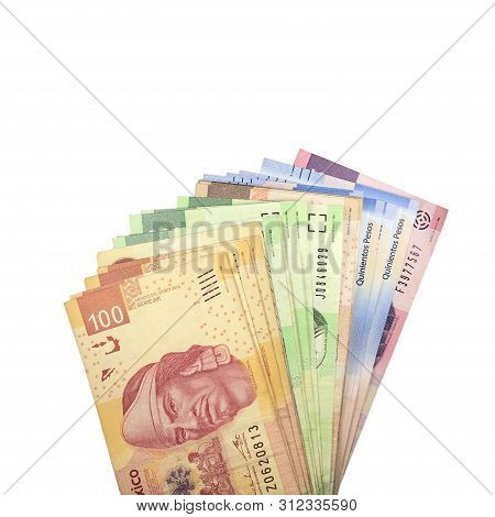 A Group Of Mexican Peso Bills Isolated On White Background
