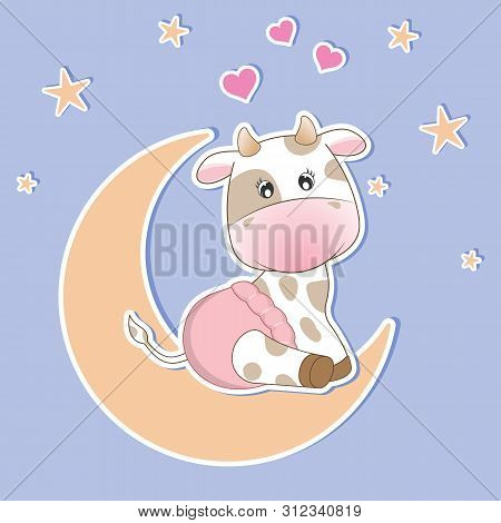 Adorable Cartoon Baby Cow In A Pink Diaper Sitting Moon And Smiling.