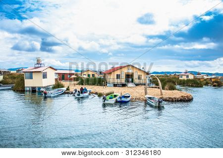 Uros, Peru - Jan 5, 2019. Uros floating islands on Titicaca lake in Puno, Peru, South America.