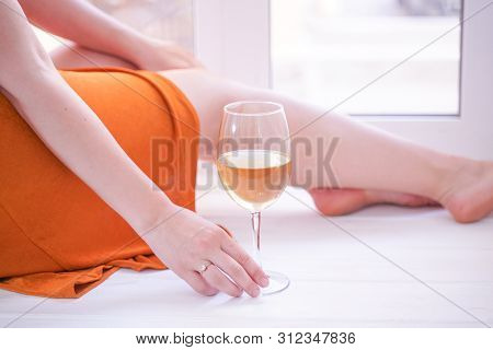 Pretty Plus Size Caucasian Woman Drink Wine In The Morning Alone At Home