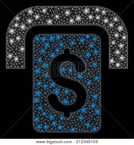 Glowing Mesh Cashpoint With Glare Effect. Abstract Illuminated Model Of Cashpoint Icon. Shiny Wire F