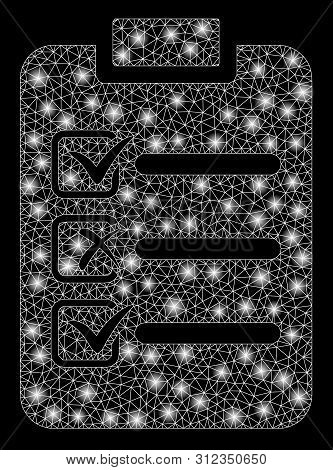 Glossy Mesh Check List With Glare Effect. Abstract Illuminated Model Of Check List Icon. Shiny Wire 