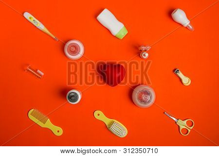 Baby Care Kit And Shower Gel With Empty Space For Logo, Flat Lay.