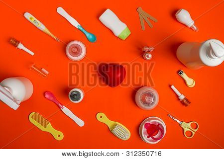 Newborn Healthcare Kit And Baby Utensils, Top View