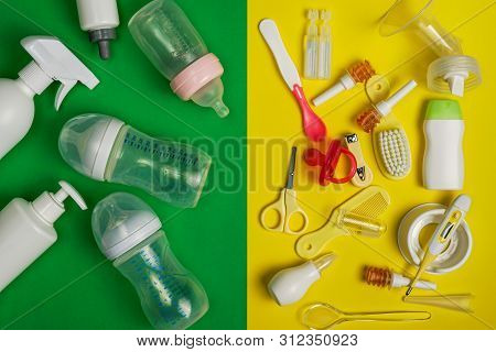 Baby Care Kit And Plastic Feeding Bottles, Top View