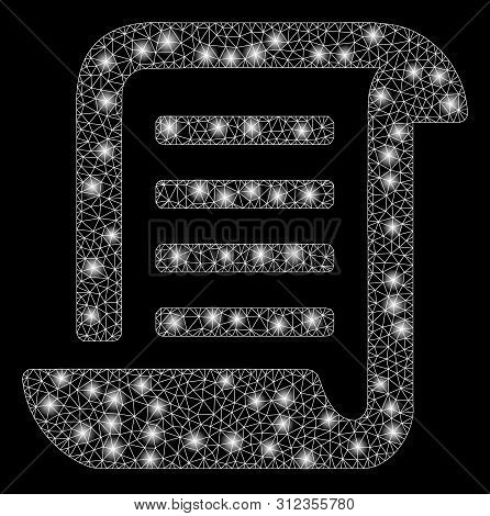 Glowing Mesh Roll Document With Glare Effect. Abstract Illuminated Model Of Roll Document Icon. Shin