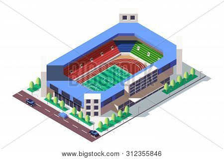 3d Isometric Square Ground Stadium Near Road With Car. Concept Public Area For Sport Event, Football