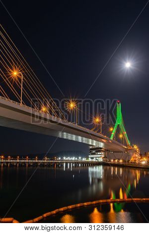 Aomori Bay Bridge At Night. Aomori Cityscape At Aoiumi Park. The Capital City Of Aomori Prefecture, 