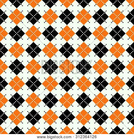 Seamless Argyle Pattern With Dashed Lines In Orange, Black And White. Eps10