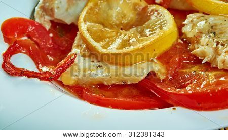 Cod Fish Skillet  - Mediterranean  Pan-seared Cod In White Wine Tomato Basil Sauce.