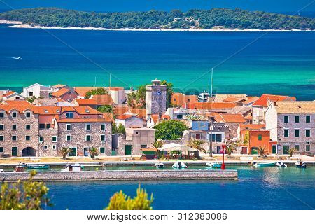 Island Of Krapanj Village Aerial Panoramic View, Sea Sponge Harvesting Village, Sibenik Archipelago 
