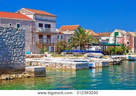 Colorful Waterfront Of Krapanj Island Village View,  Sea Sponge Harvesting Village, Sibenik Archipel