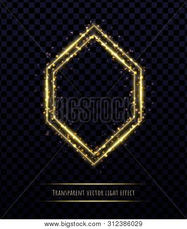 Gold Polygonal Frame With Light Effects Isolated On Transparent Background.