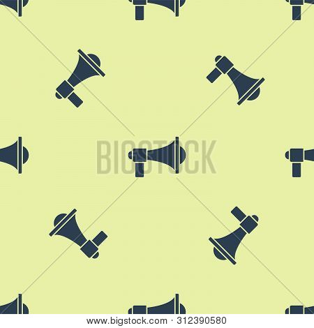 Blue Megaphone Icon Isolated Seamless Pattern On White Background. Loud Speach Alert Concept. Bullho