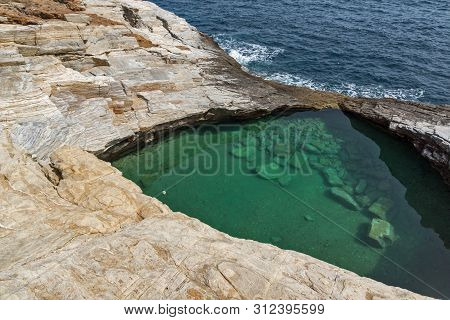 Seascape With Green Waters Of Giola Natural Pool In Thassos Island, East Macedonia And Thrace, Greec