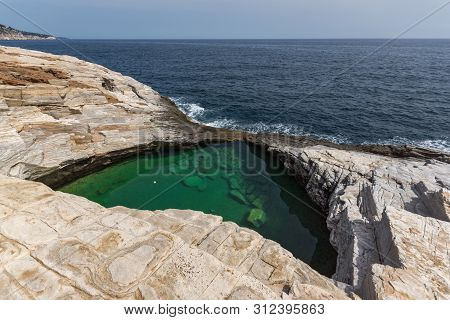 Seascape With Green Waters Of Giola Natural Pool In Thassos Island, East Macedonia And Thrace, Greec