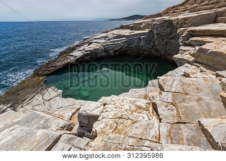 Seascape With Green Waters Of Giola Natural Pool In Thassos Island, East Macedonia And Thrace, Greec