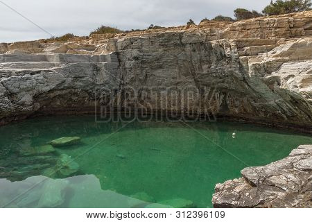 Seascape With Green Waters Of Giola Natural Pool In Thassos Island, East Macedonia And Thrace, Greec