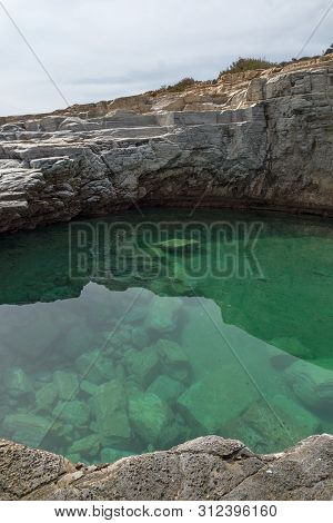 Seascape With Green Waters Of Giola Natural Pool In Thassos Island, East Macedonia And Thrace, Greec