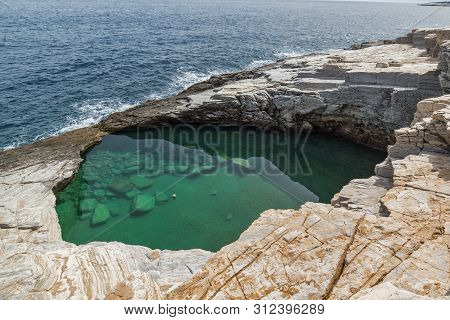 Seascape With Green Waters Of Giola Natural Pool In Thassos Island, East Macedonia And Thrace, Greec