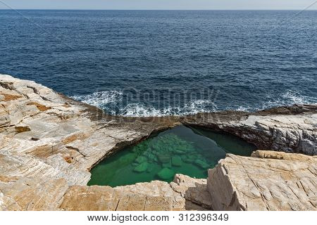 Seascape With Green Waters Of Giola Natural Pool In Thassos Island, East Macedonia And Thrace, Greec