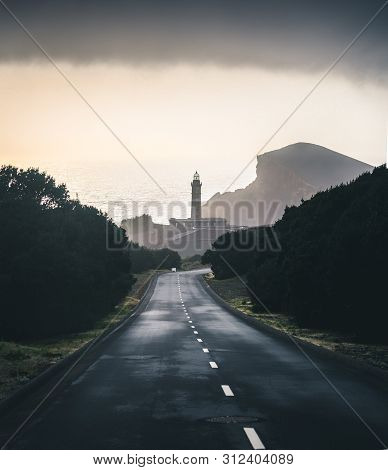 View Over Capelinhos Volcano, Lighthouse Of Ponta Dos Capelinhos On Western Coast On Faial Island, A