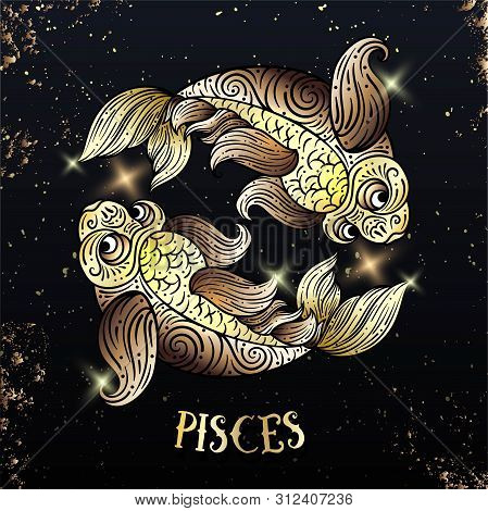 Beautiful Line Art Filigree Zodiac S Sign On Vintage Background. Elegant Jewelry Tattoo.for Printing