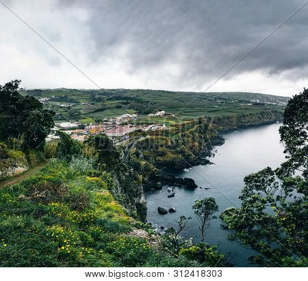 North Coast Landscape Over Capelas Town On Sao Miguel Island, Azores Archipelago, Portugal. Miradour