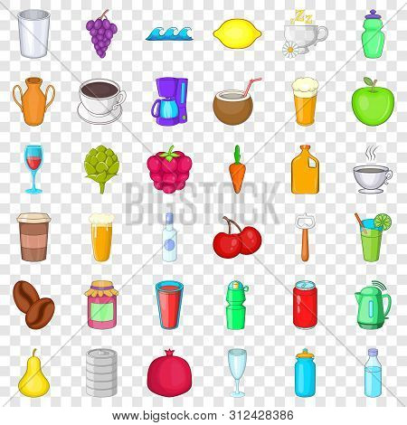 Fruit Drink Icons Set. Cartoon Style Of 36 Fruit Drink Icons For Web For Any Design