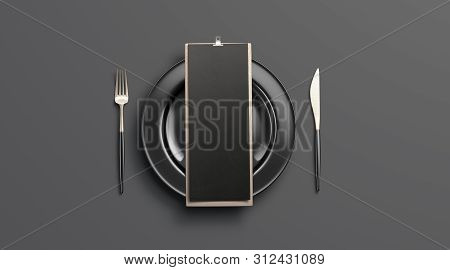 Blank Black Cafe Menu Mockup On Plate With Cutlery, Isolated, 3d Rendering. Empty Tableware With Che