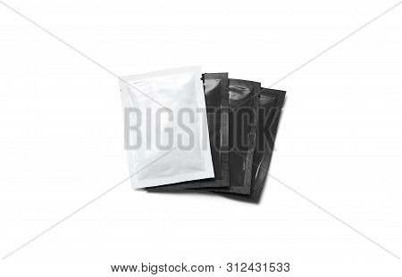 Blank Black And White Sachet Packets Stack Mockup, Isolated, 3d Rendering. Empty Disposable Bag For 